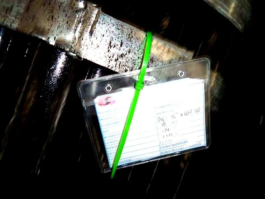 Third-party inspection tag attached to pipe stock — DN 1.5 inch SCH 160